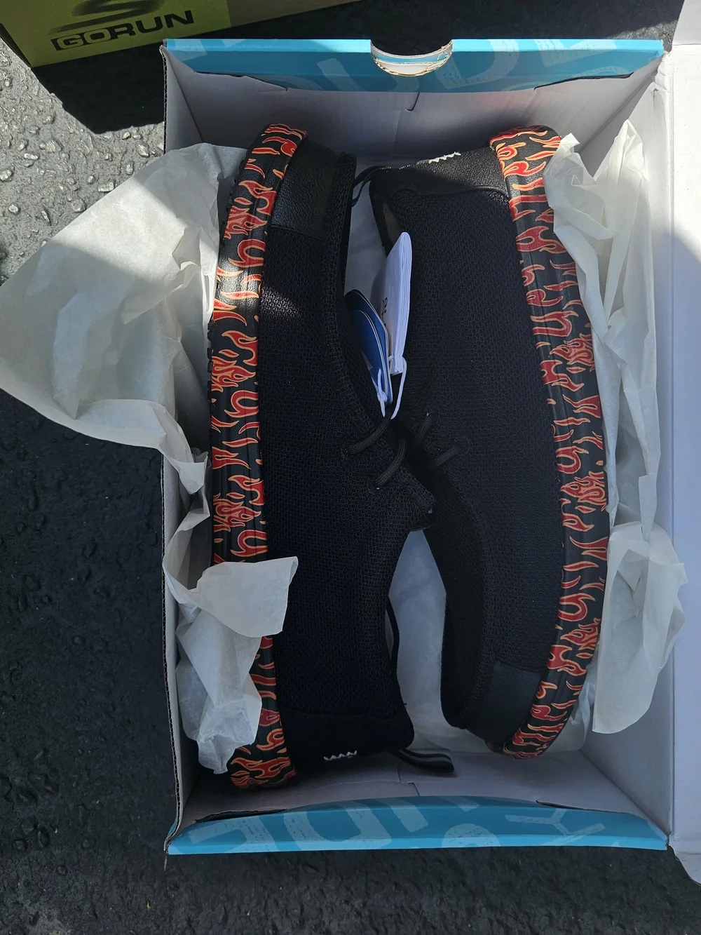 Hey Dude Black Sneakers with Red Flame-Print Sole - Picture 1 of 3